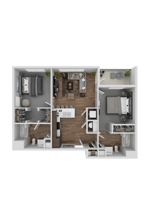 Floor plan for 2 beds, 2 baths, 1037 sqft